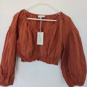 Women's Cropped V-Neck 3/4 Balloon Sleeve Blouse SZ S